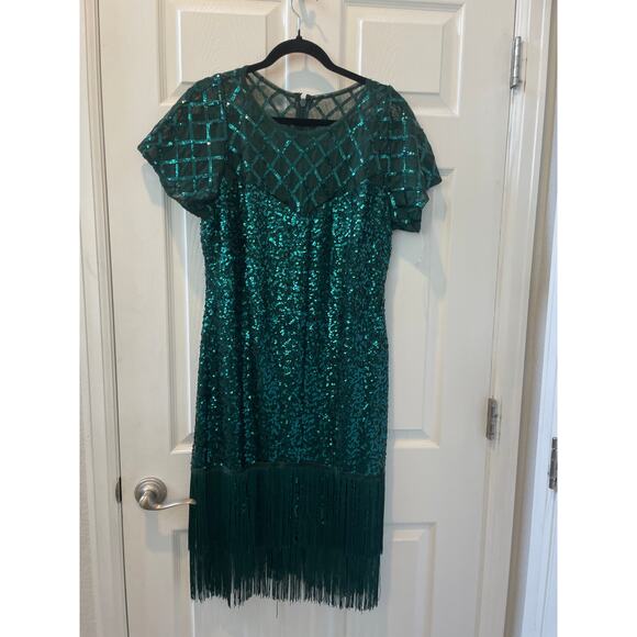 Unique Vintage Flapper Dress Green Sequins and Fringe Sz 1X #18 - Picture 7 of 8
